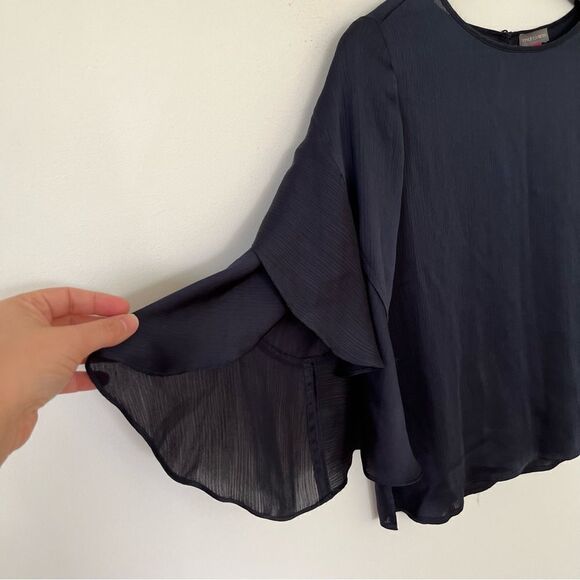 Vince Camuto Navy Textured Silky Flutter Sleeve Blouse - Picture 4 of 6